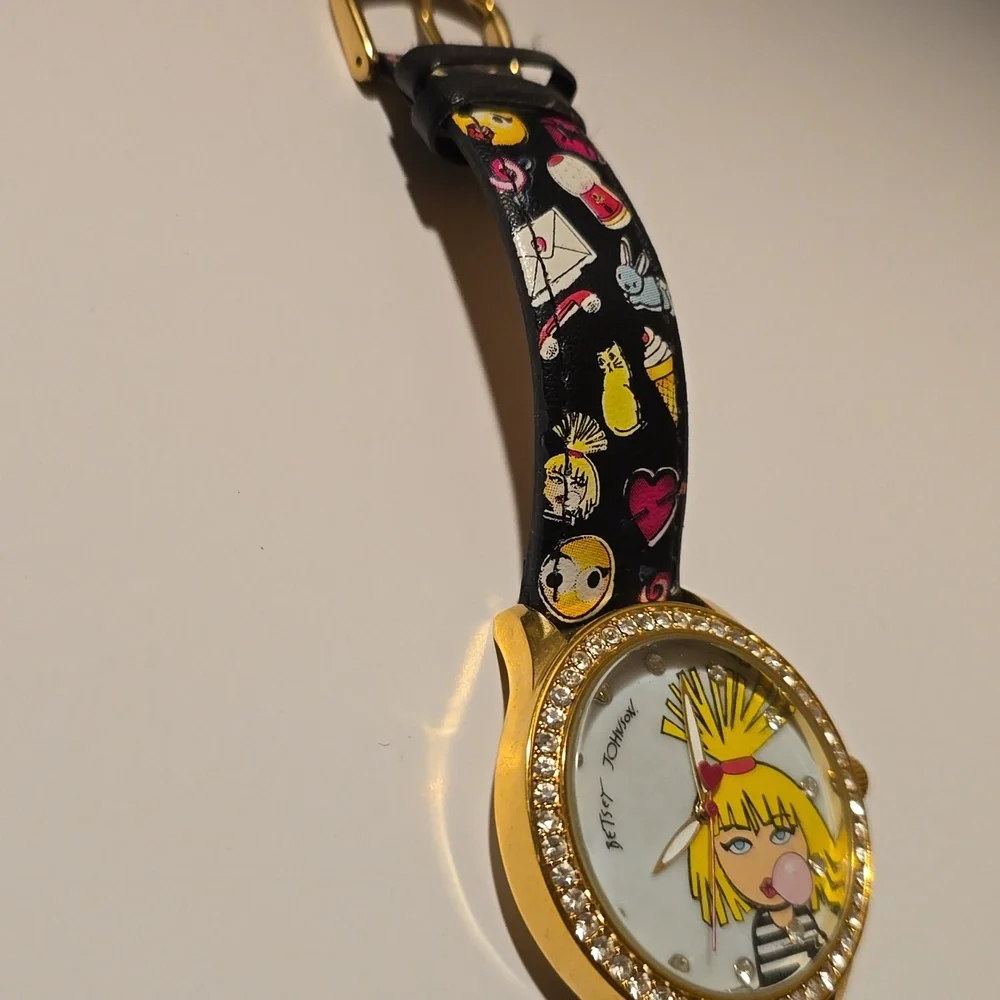 Betsey Johnson Gold Cartoon Watch with Black Strap